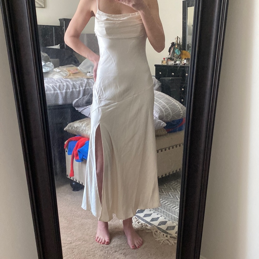Selfie Leslie Well Versed Pleated Bust Front Split Dress in Champagne